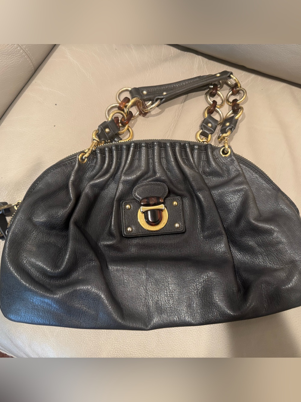 Marc Jacobs Dark Grey Capra Leather Shoulder Bag with Gold Chain Accents